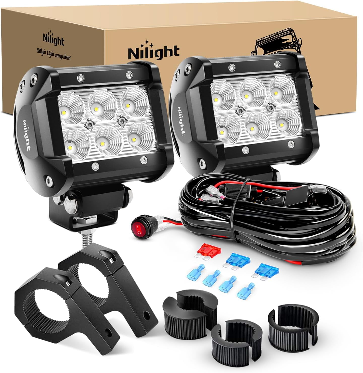 Nilight 2PCS 4 Inch 18W Flood LED Light Bars Off-Road Light Mounting Bracket Horizontal Bar Tube Clamp With Off Road Wiring Harness, 2 Years Warranty