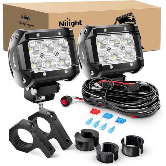 Nilight 2PCS 4 Inch 18W Flood LED Light Bars Off-Road Light Mounting Bracket Horizontal Bar Tube Clamp With Off Road Wiring Harness, 2 Years Warranty