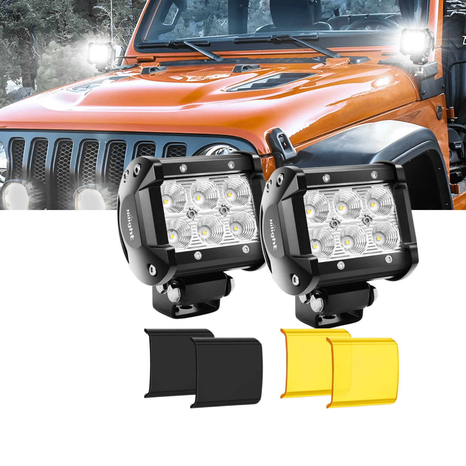 Nilight 4 Inch LED Flood Light Pods 2PCS 18W with Yellow & Black Covers, IP67 Wide Beam Auxiliary Lights for Truck SUV ATV UTV Golf Cart Boat Camper