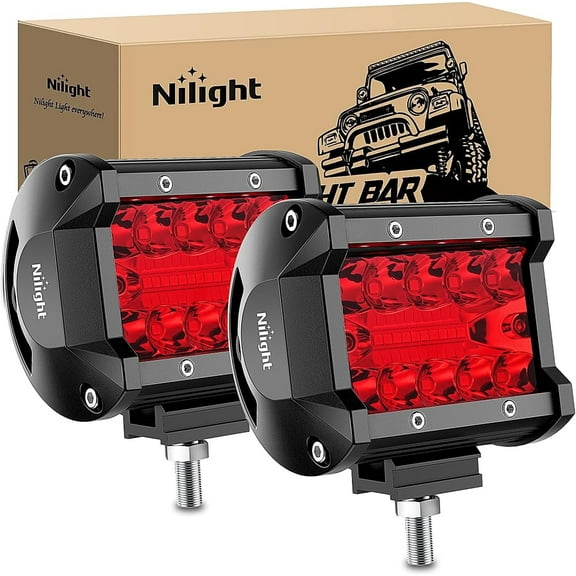 Nilight 4" LED Light Pod Red Triple Row 2PCS 60W Flood Spot Combo Driving Fog Lights Fishing Hunting Emergency Safety Signal Deck Trailer Lights for UTV Pick-up Van Boat Tractor
