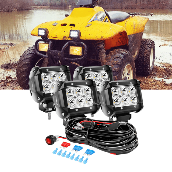Nilight 4-Pack 18W Spot Beam LED Light Bars for Off-Road Driving with Wiring Harness, 4 Inch LED Pods for Fog & Work Lights