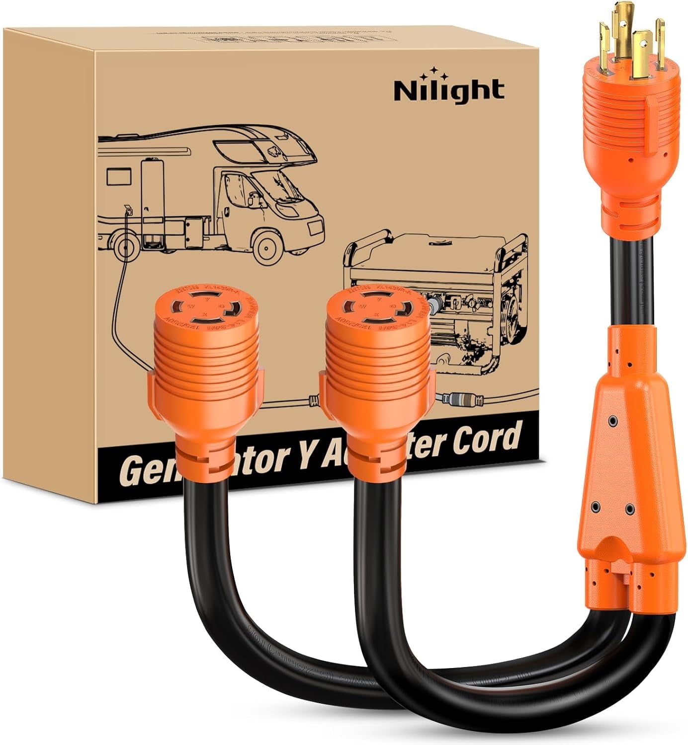 Nilight 4 Prong 30 Amp Generator Splitter Y Adapter Cord NEMA L14-30P L14-30R 125/250V 7500W Locking Power Cable 10 AWG STW Wire ETL Listed for Manual Transfer Switch Generators RV Camper Outdoor