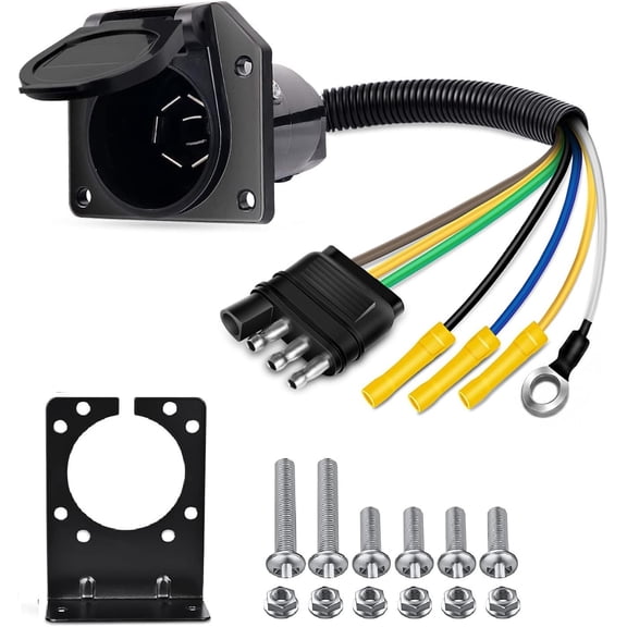 Nilight 4-Way Flat to 7-Way Round RV Blade Adapter Plug 4 Pin to 7 Pin Vehicle Side Trailer Light Adapter with Extra Output Wire Tow Hitch Wire Adapter 7 Way Car End with mounting Bracket