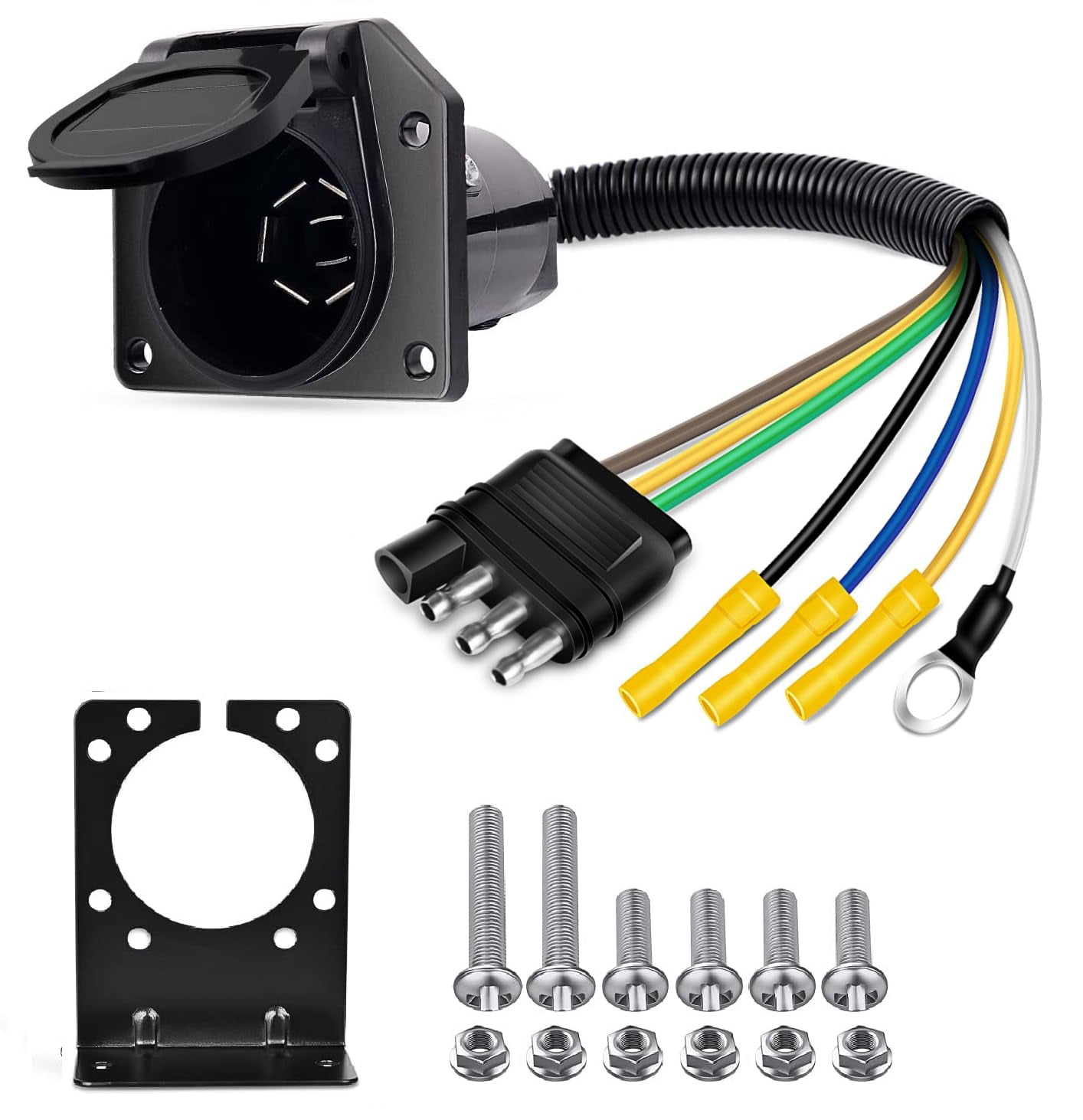Nilight 4-Way Flat to 7-Way Round RV Blade Trailer Adapter Reverse Plug with mounting Bracket