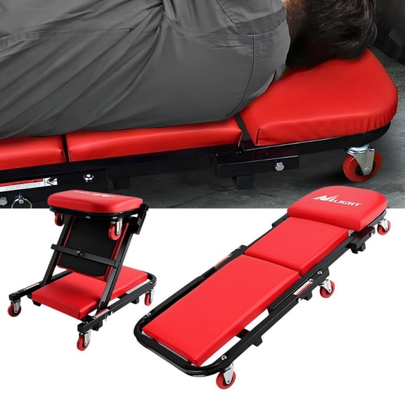 Nilight 40" Z Creeper - 2-in-1 Folding Rolling Mechanic Seat, 40 inches Adjustable Lay-Down or Sit Garage Chair, 330 lbs Capacity, Red Black