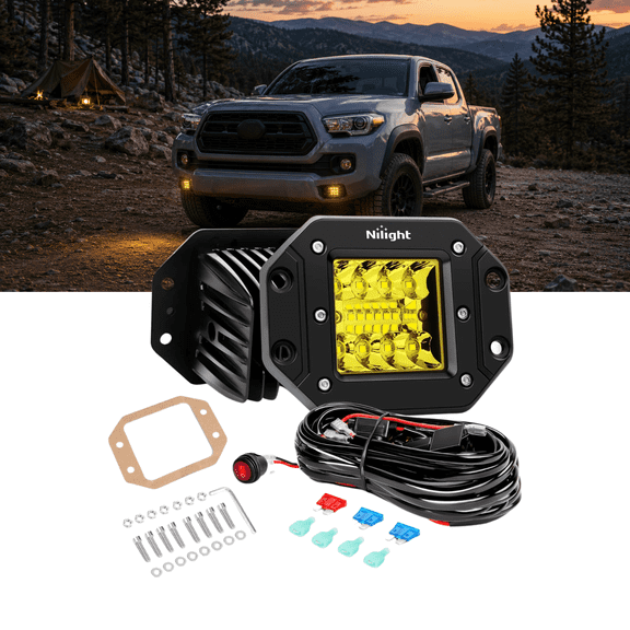 Nilight 42W Amber LED Flush Mount Pods 2 Pack - Upgraded Spot/Flood Combo Beam Driving Light with 16AWG Wiring Harness Kit,LED Work Light