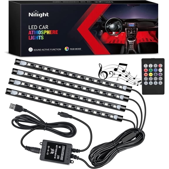 Nilight 48 LEDs DC 5V Multicolor Music Car Strip Light Under Dash Lighting Kit with Sound Active Function and Wireless Remote Control, 4Pcs USB Interior Lights