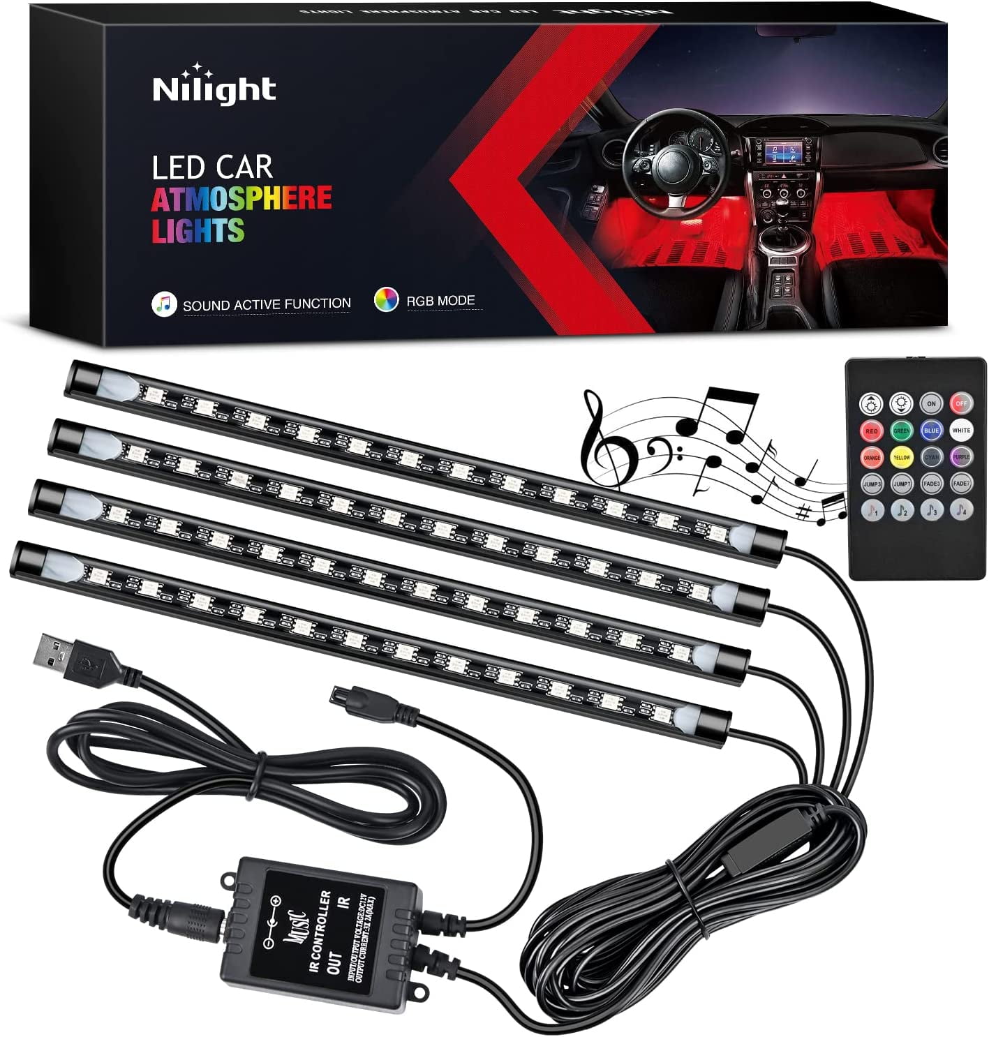 48 LEDs Multicolor USB Car Interior Strip Lights with Sound Active Function