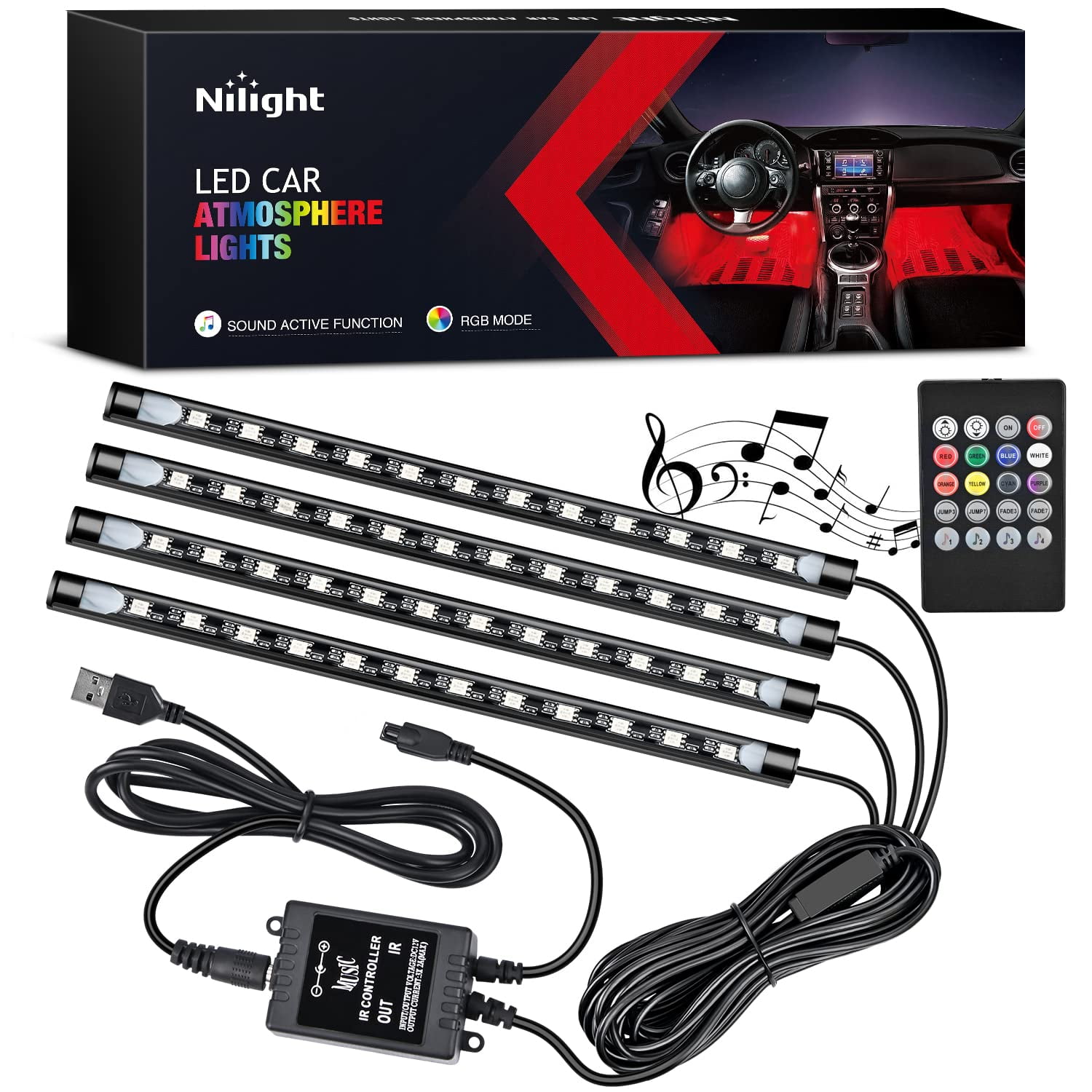 48 LEDs Multicolor USB Car Interior Strip Lights with Sound Active Function