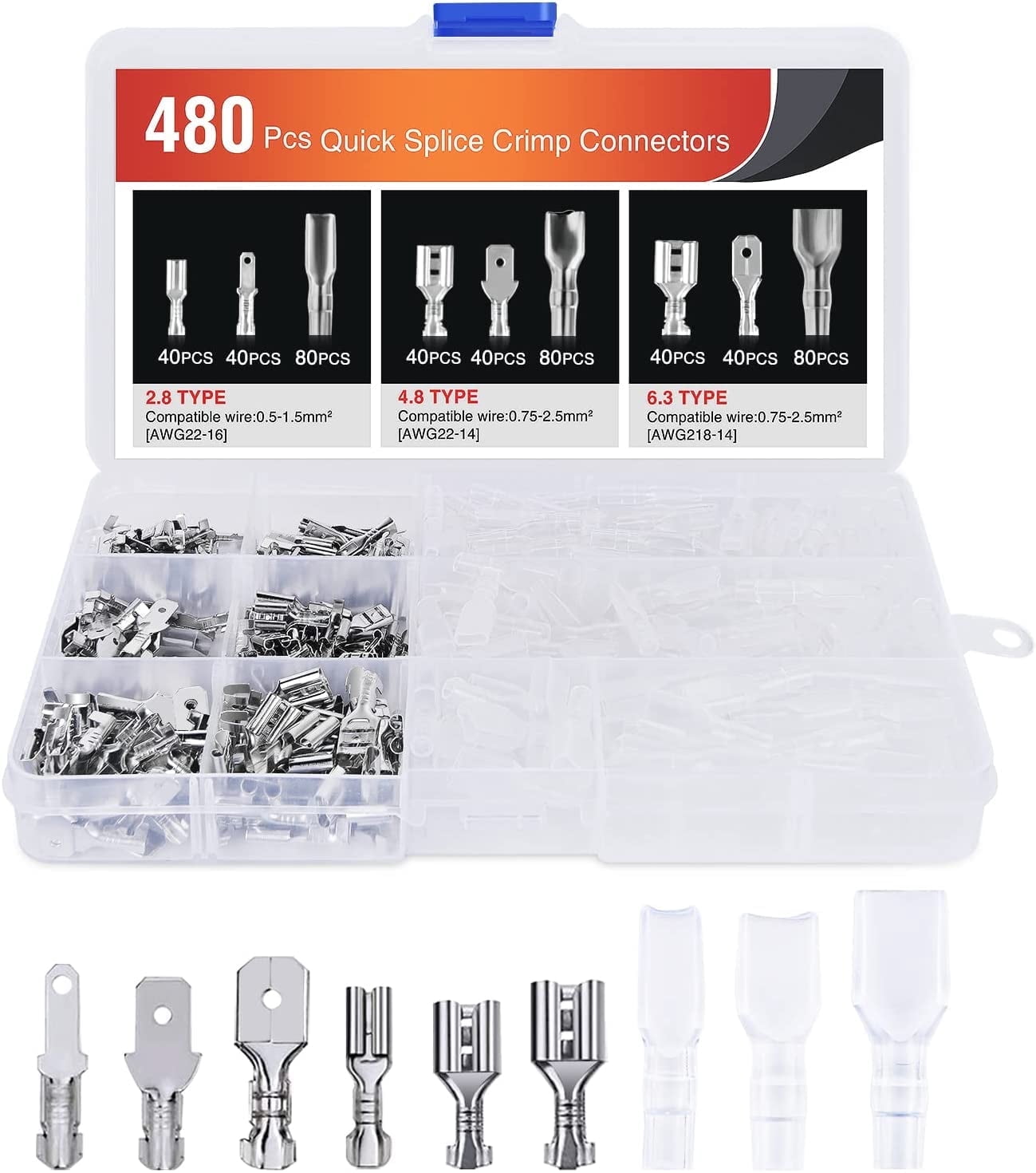 Nilight 480PCS Insulated Male Female Spade Terminals Quick Splice Assortment Tin Plated Open Barrel Copper Crimp Wire Connectors for 22-14 ga Electrical Wiring Car Audio Speaker, 2 Years Warranty