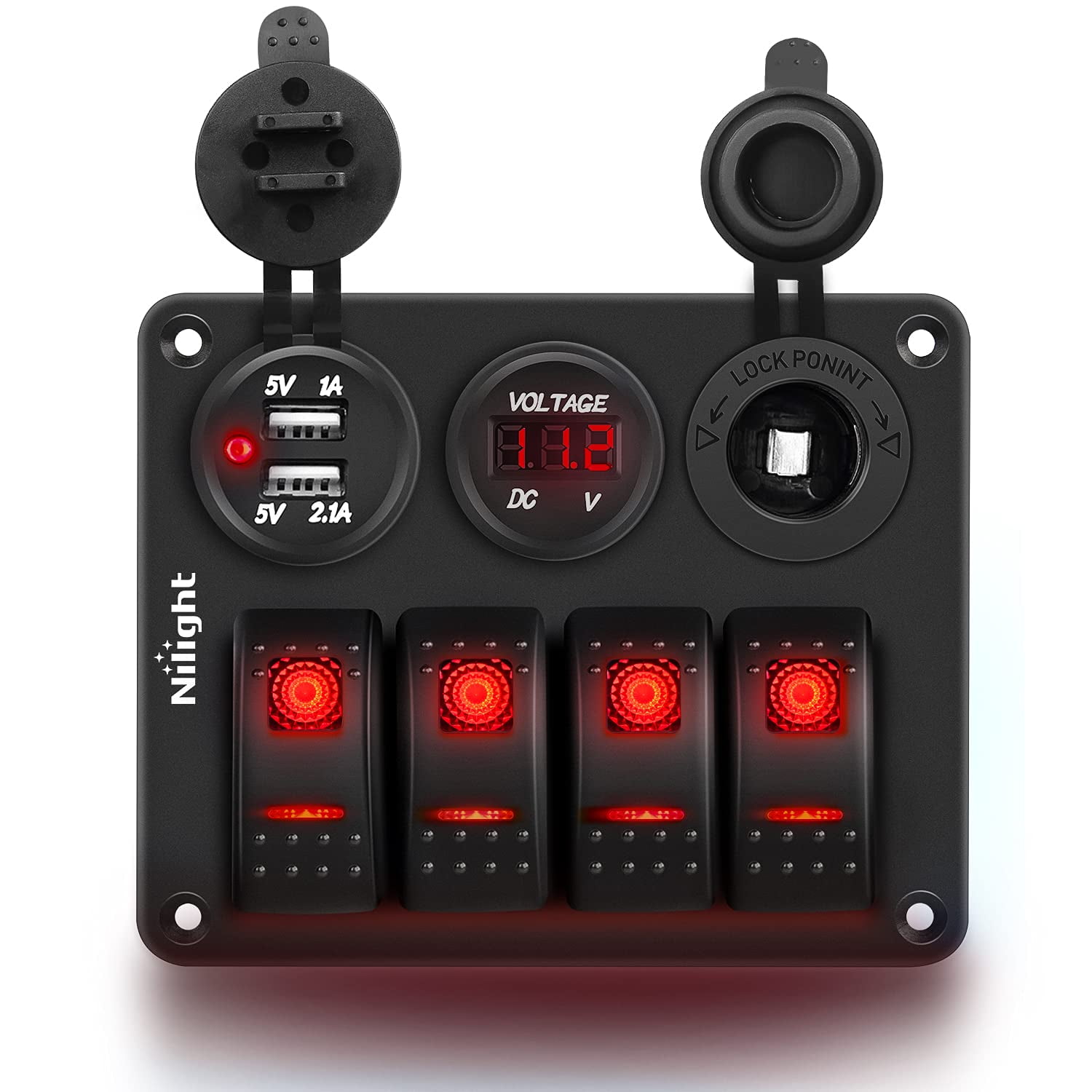 Nilight 4Gang Rocker Switch Panel with USB Charger Voltmeter and Cigar ...
