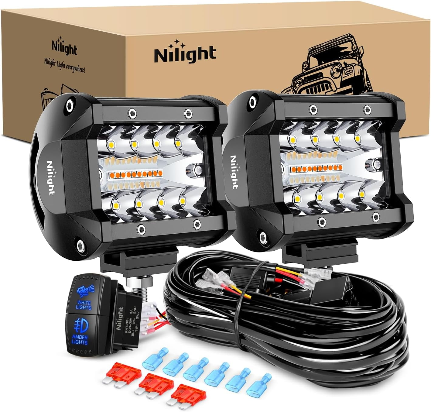 Nilight 4Inch Off-Road LED Light Bar, 2PCS 60W 3 Lighting Modes (White/Amber/White&Amber) Driving Fog Light Spot Flood Lights with 18AWG Wiring Harness for Truck Car ATV SUV Jeep Boat