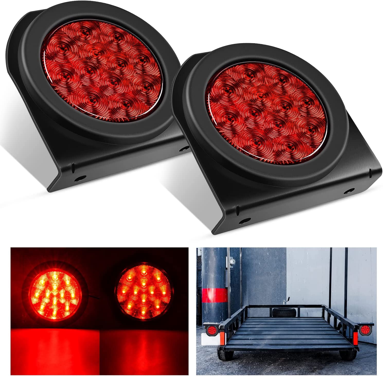 Nilight 4Inch Round Trailer Tail Light with flush Mount Grommets Plugs w/Mounting Brackets 2PCS Red Waterproof Stop Brake Turn Trailer Lights for RV Truck Trailer, 2 Years Warranty