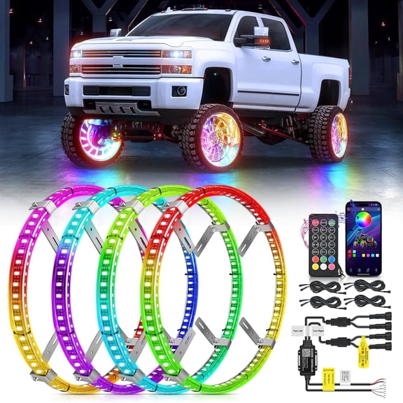 Nilight 4PCS 15.5inch Double Row Wheel Ring Lights Dream Color with APP and Remote Control Neon Lights w/Turn Signal and Braking Function Dual Row for Car Van SUV Truck