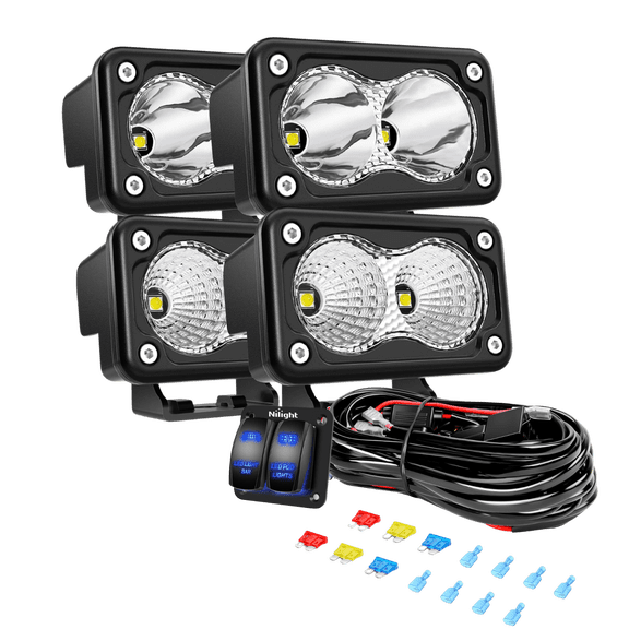 Nilight 4PCS 3" LED Pod Lights Combo (Spot & Flood) with Wiring Harness and 2 Gang Rocker Switch Panel, Off-Road Auxiliary Driving Lights Kit for Trucks, Pickups, SUVs, Jeeps and UTVs