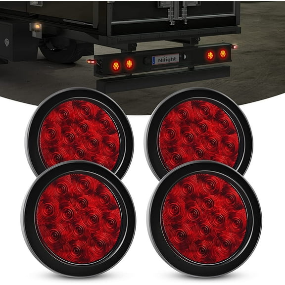 Nilight 4PCS 4 12LED Red Round Stop Brake Turn Tail Lights w/Surface Mount Grommet Plugs IP67 Trailer Tail Lights for Truck Trailer RV, 2 Years Warranty