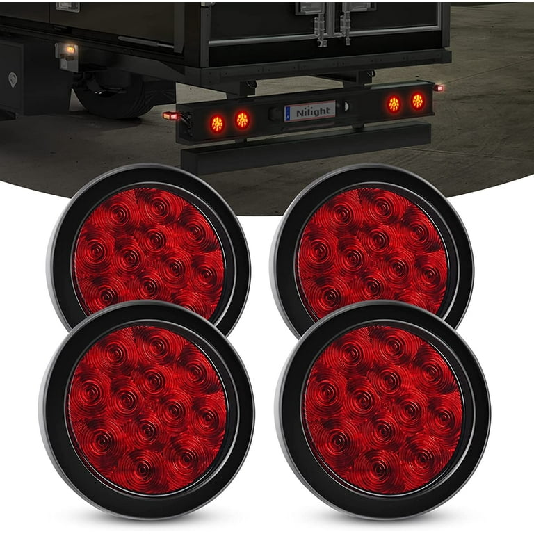 Nilight 4PCS 4” 12LED Red Round Stop Brake Turn Tail Lights w/Surface Mount  Grommet Plugs IP67 Trailer Tail Lights for Truck Trailer RV, 2 Years