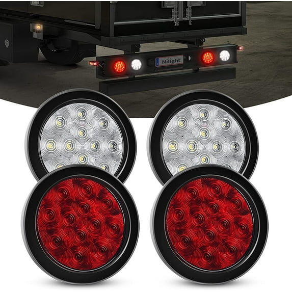 Nilight 4PCS 4” 12LED Round Reverse Brake Turn Tail Lights w/Surface Mount Grommet Plugs IP67 Trailer Tail Lights for Truck Trailer RV (White and Red), 2 Years Warranty