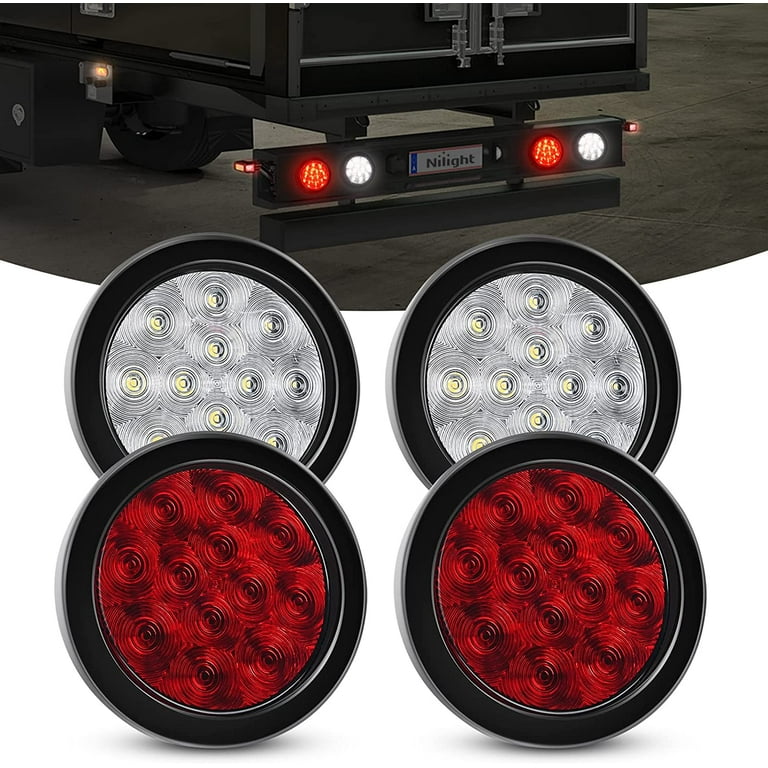 Nilight 4PCS 4 12LED Round Reverse Brake Turn Tail Lights w Surface Mount Grommet Plugs IP67 Trailer Tail Lights for Truck Trailer RV White and