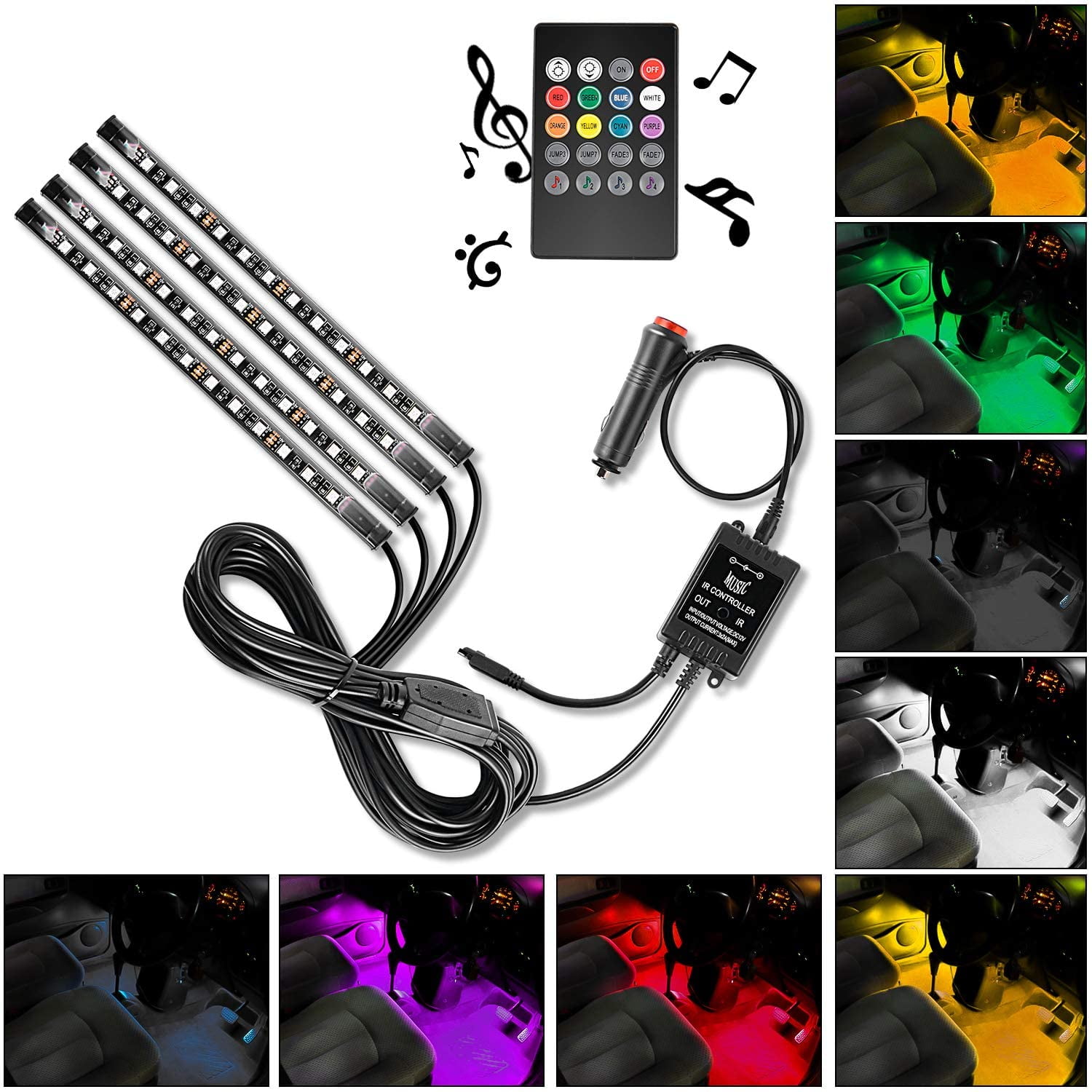 Nilight - TR-06 4pcs 48 LED Interior Lights DC 12V Multicolor Music Car Strip Light Under Dash Lighting Kit with Sound Active Function and Wireless