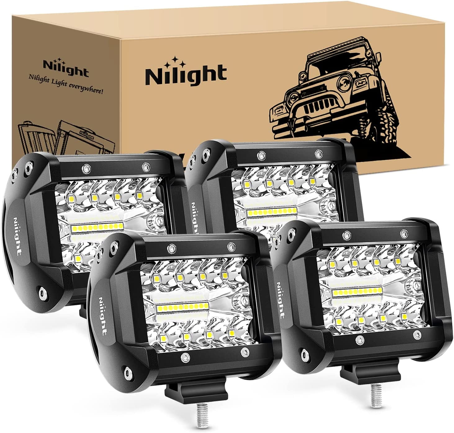 Nilight 4Pcs LED Pods 4Inch 60W Triple Row Flood Spot Combo 6000LM Light Bar Driving Fog Lights Off Road Lighting for Trucks Pickup Golf Cart SUV ATV UTV 4x4 Van Camper Boat