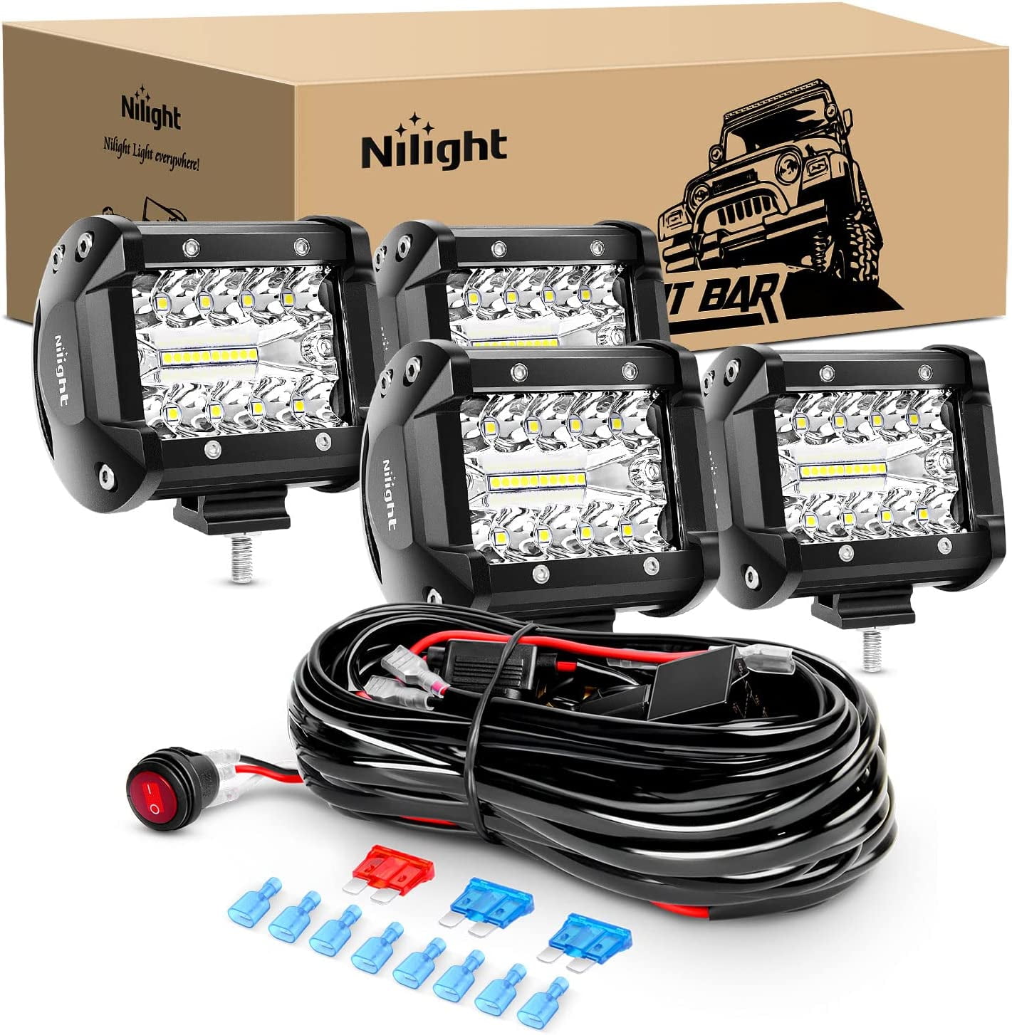 Nilight - 4PCS 4Inch 60W Triple Row Flood Spot Combo 6000LM LED Pods Light Bar Driving Boat Led Off Road Lights with 16AWG Wiring Harness-4 Leads