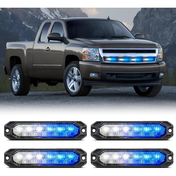 Nilight 4PCS 6LED Blue White Strobe lights 12V 24V Surface Mount Flashing Warning Hazard Light Ultra Slim Sync Feature Grille for Cars Trucks Van Off Road Vehicles SUV