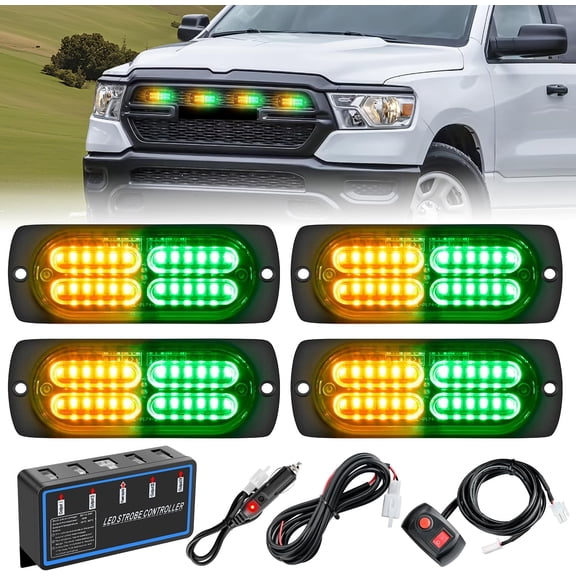 Nilight 4PCS Amber Green Strobe Lights 24LED Emergency Hazard Warning Light Sync Feature Ultra Slim Surface Mount with Controller and Cigarette Lighter Plug for Truck Car Vehicle