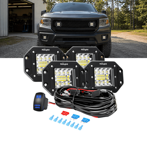 Nilight 4PCS Flush Mount LED Pod Lights - 42W Spot Flood Combo Beam, Grill Mount Compatible, Includes Wiring Harness Kit with 4 Leads