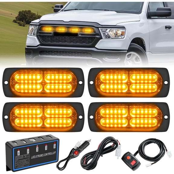 Nilight 4PCS LED Strobe lights 12V 24V Sync Feature Amber 24LED Emergency Hazard Warning Lights with Controller Hard Wire or Cigarette Lighter Plug for Car Truck RVs Campers