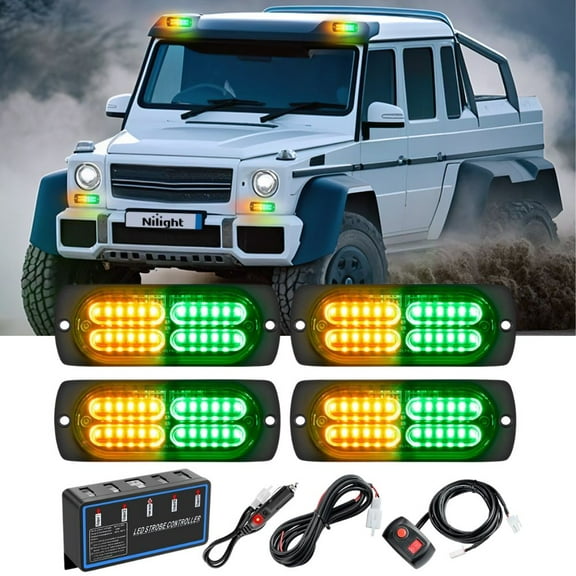 Nilight 4PCS LED Strobe lights 12V 24V Sync Feature Amber Green 24LED Emergency Hazard Warning Lights with Controller Hard Wire or Cigarette Lighter Plug for Car Truck RV
