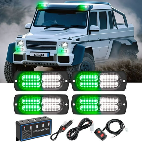 Nilight 4PCS LED Strobe lights 12V 24V Sync Feature Green White 24LED Emergency Hazard Warning Lights with Controller Hard Wire or Cigarette Lighter Plug for Car Truck RV