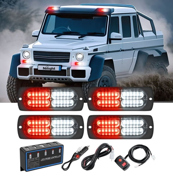 Nilight 4PCS LED Strobe lights 12V 24V Sync Feature Red White24LED Emergency Hazard Warning Lights with Controller Hard Wire or Cigarette Lighter Plug for Car Truck RV