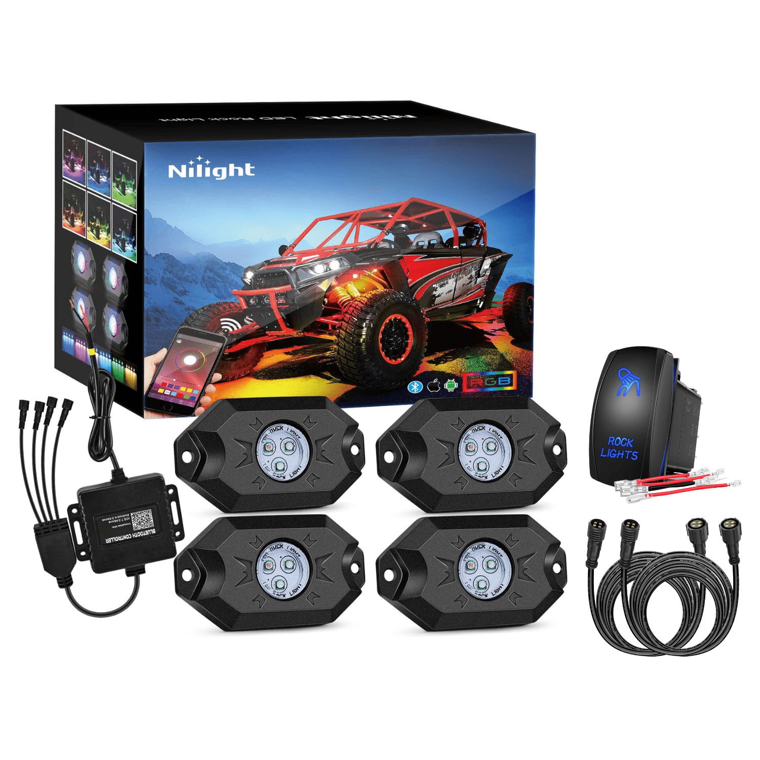 Nilight 4PCS RGB LED Rock Lights Kit with Extension Cables and Rocker Switch, Bluetooth APP Multi-Color Underglow Lighting System for Trucks, UTV, ATV, Jeep and Off-Road Vehicles