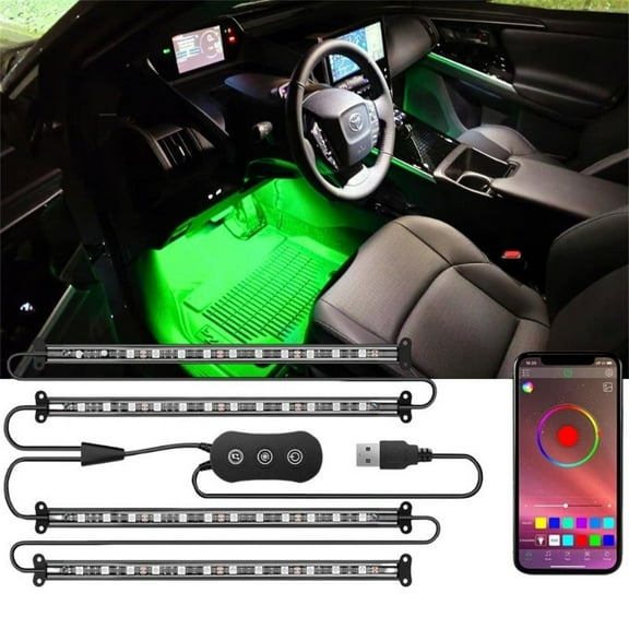 4 Pcs 48RGB LED Car Interior Bluetooth USB Light Strip, with APP Control,Under Dash Footwell Ambient Lights Kits, DIY Music Mode Universal for Vehicle Internal, SUV, Trucks