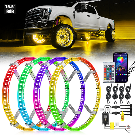 Nilight 4Pcs 15.5inch Double Row Led Wheel Ring Lights RGB with APP and Remote Control Neon Wheel Rim Lights w/Turn Signal and Braking Function Dual Row for Car Van SUV Truck