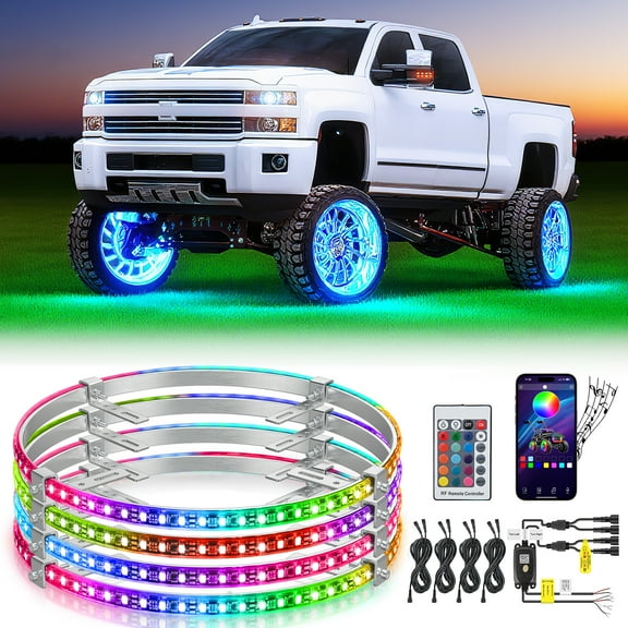 4PCS 15.5" RGB LED Wheel Ring Lighting Kit with Turn Signal and Braking Function, Wheel Lights with APP & Remote Control, Car Rim Lights Compatible with Jeep Trucks SUV Car