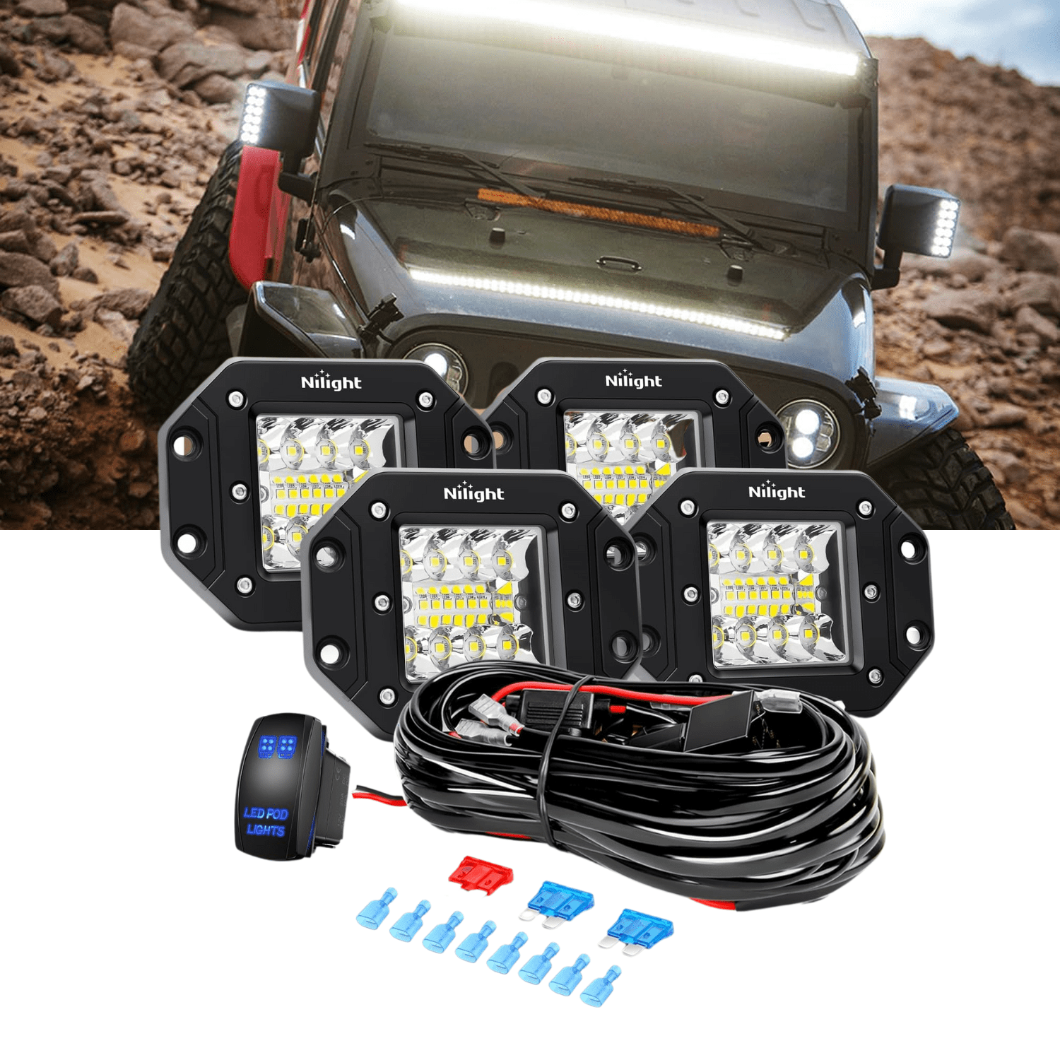 Nilight 4PCS 42W Flush Mount LED Pods Spot Flood Combo Beam Driving Backup Reverse Grill Mount Light with 16AWG LED POD Lights Wiring Harness Kit -4 Leads