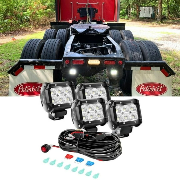 LED Light Bar 4PCS 4Inch 18W LED Off Road Light Pods, Flood Beam with Wiring Harness Kit Fog Lamps Driving Boats Work Lights with 16AWG Wiring Harness Kit 4 Leads for Truck Car SUV Motor Jeep