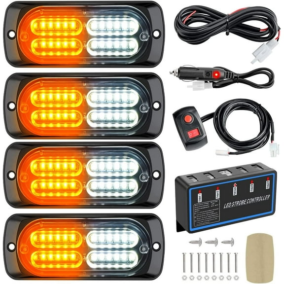Nilight 4Pcs Led Strobe lights 12V Sync Feature Amber White 24Led Emergency Hazard Warning Lights with Strobe Controller Hard Wire or Cigarette Lighter Plug for Car Truck RVs Campers