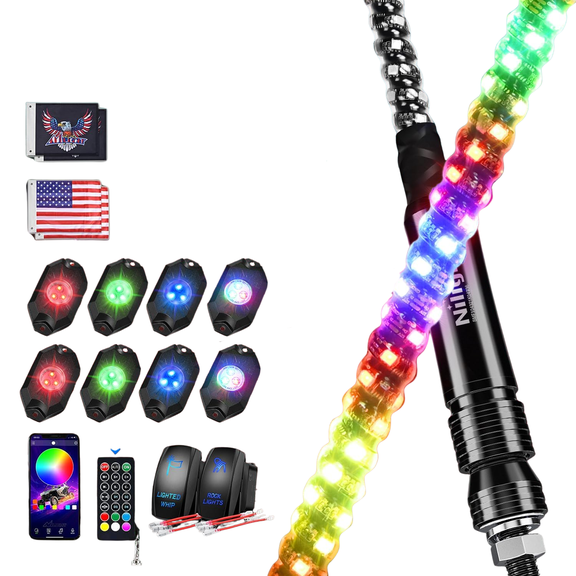 Nilight 4ft RGB LED Antenna Light with 8 Rock Lights Combo, App & Remote Control, Customizable Chase Patterns for ATV UTV