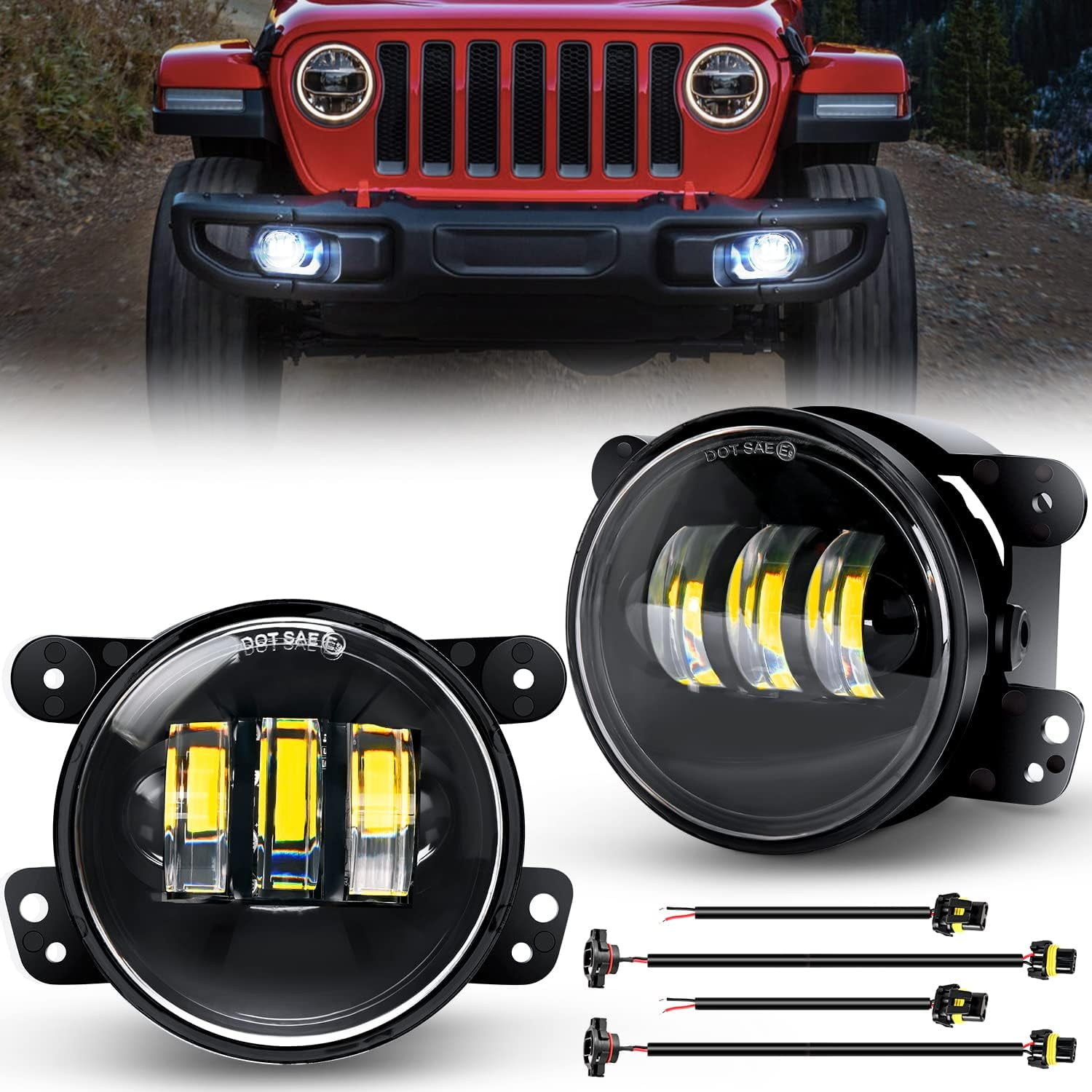 Nilight 4inch Led Fog Light Assembly Compatible with 2007 2008 2009 2010 2011 2012 2013 2014 2015 2016 2017 2018 Jeep Wrangler JK Unlimited JKU w/Conversion Cable Clear Fog Lamps