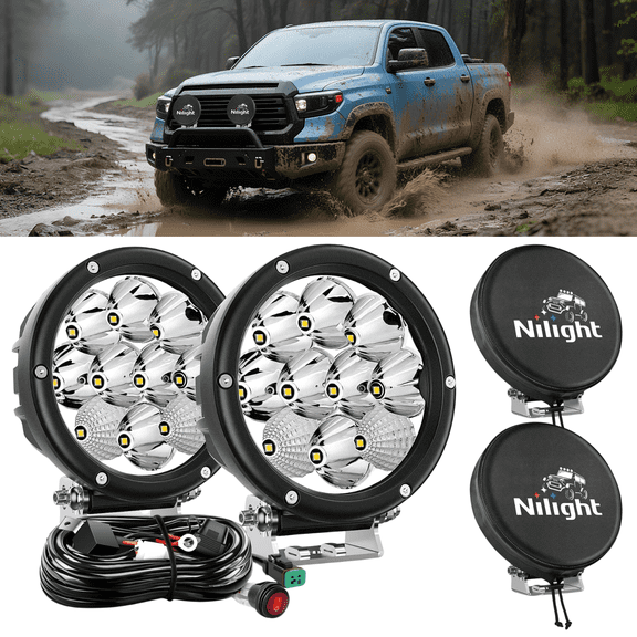 Nilight 5.7 Inch Round LED Driving Lights with Protective Covers, Off-Road Spot Flood Combo Lights with Wiring Harness for Truck SUV Jeep ATV UTV