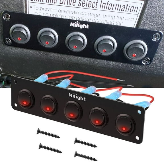 Nilight 5 Gang 3 Pin Rocker Switch Panel Waterproof on off 12V Red Toggle Switch for Cars Trucks Boats