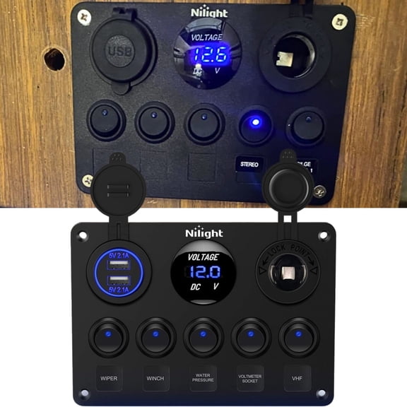Nilight 12V Waterproof Automotive Toggle Switch Panel with Voltmeter & Dual USB Fast Charging, Blue Backlit LED