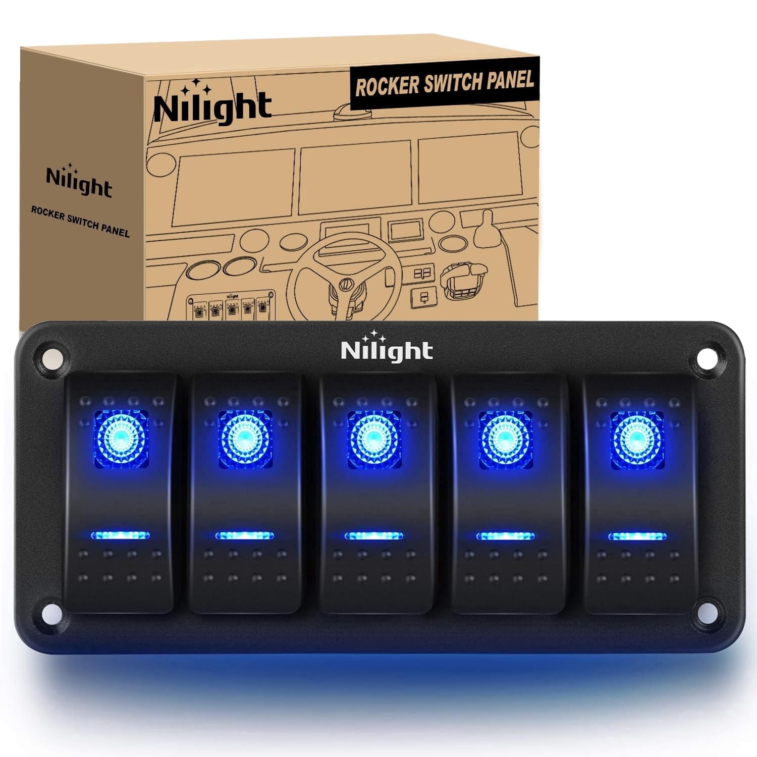Nilight - 5 Gang Aluminum Rocker Switch Panel Toggle Dash 5 Pin ON/Off Pre-Wired Rocker Switch Blue Backlit Switch for Automotive Car Marine Boat RV,2 Years Warranty