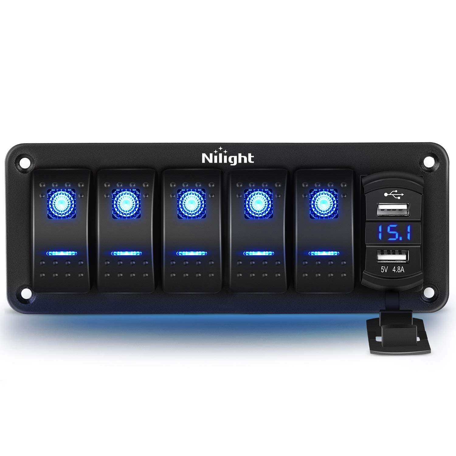 Nilight Gang Rocker Switch Panel with 4.8 Amp Dual USB Charger Voltmeter  Waterproof 12V 24V DC Rocker Switch with Night Glow Stickers for Car Trucks  Boats RVs