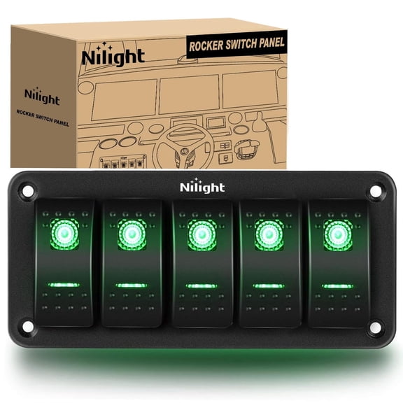 Nilight 5 Gang Rocker Switch Panel 5Pin On Off Toggle Aluminum Holder 12V 24V Dash Pre-Wired Green Backlit Switches for Automotive Cars Marine Boats RVs Truck