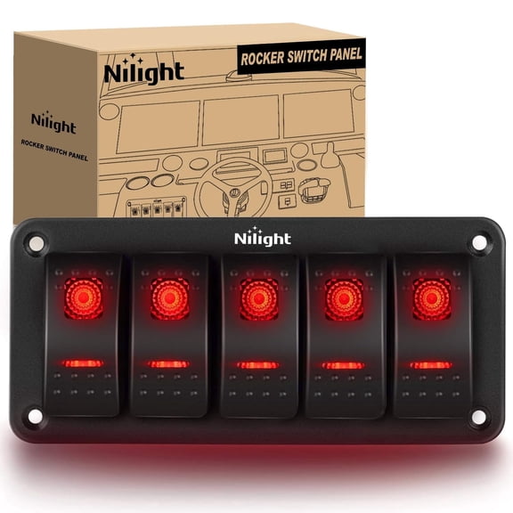 Nilight 5 Gang Rocker Switch Panel 5Pin On Off Toggle Aluminum Holder 12V 24V Dash Pre-Wired Red Backlit Switches for Automotive Cars Marine Boats RVs Truck