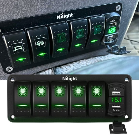 Nilight 5 Gang Rocker Switch Panel Green Backlit with 4.8 Amp Dual USB Charger Voltmeter Waterproof 12V 24V DC Rocker Switch with Night Glow Stickers for Car Trucks Boats RVs